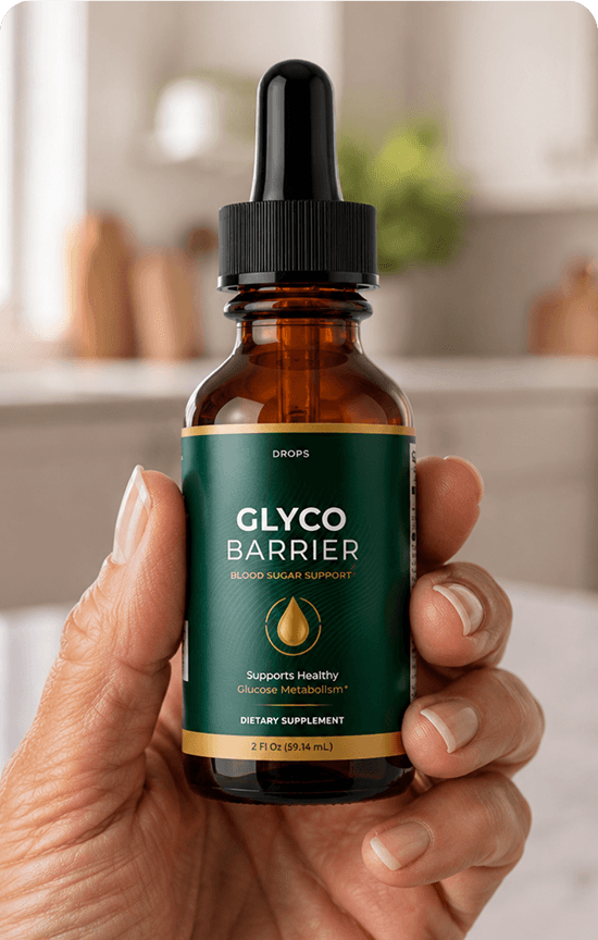 A hand holding a 2 fl oz dropper bottle of Glyco Barrier blood sugar support drops